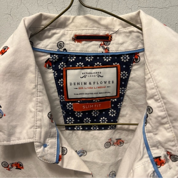 denim and flower shirt slim fit Mens Large White Bicycle Print - Picture 4 of 4